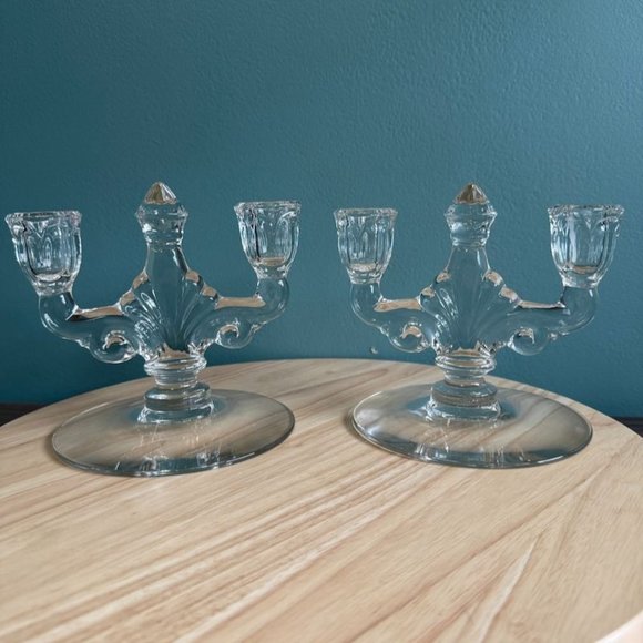 Vintage Pair Heisey Trident Double Candle Holders Crystal Etched Orchid Clear 19 - Picture 7 of 10